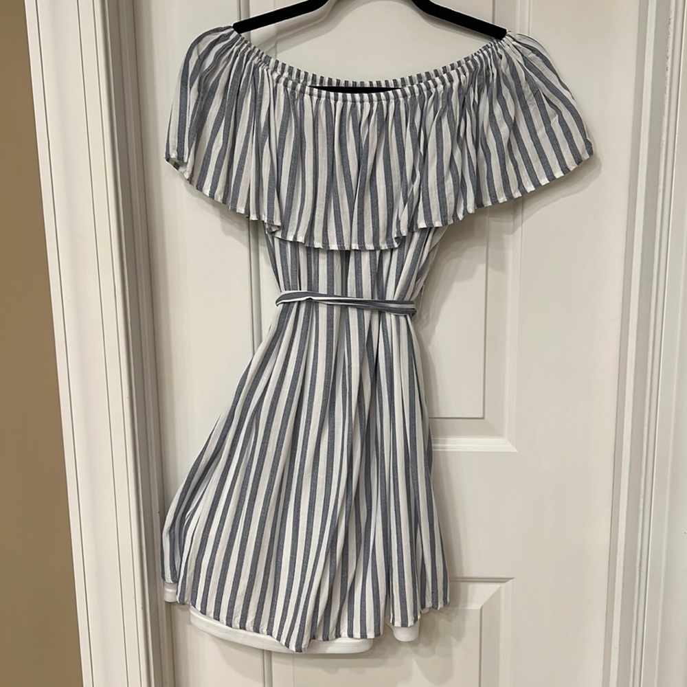 She + Sky boutique off the shoulder, short dress in vertical stripe.